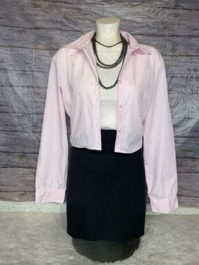 French Twist Pink Button-Down Cropped Shirt with Embellished Accents